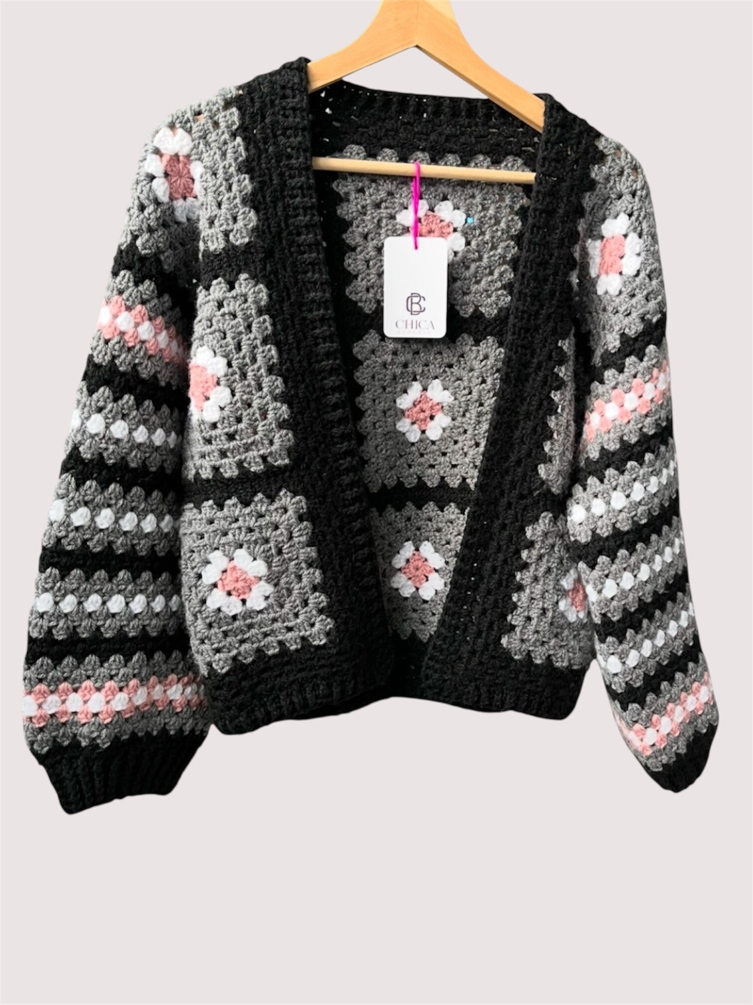 Granny Square vest meerkleurig zwart roze