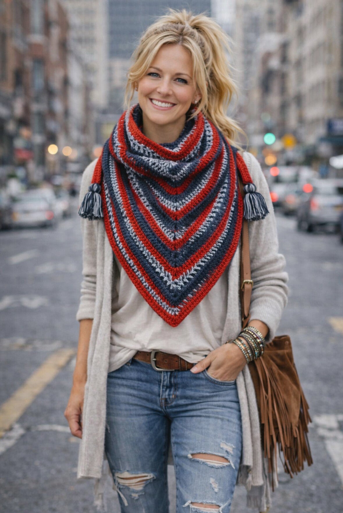 Driehoek sjaal dark grey rood