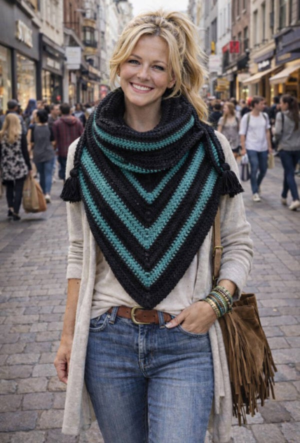 Driehoek sjaal zwart turquoise