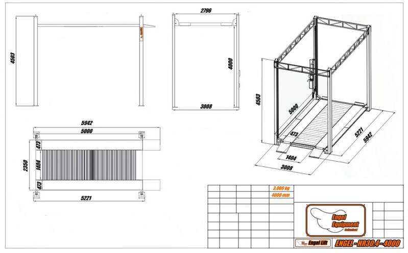 ENGEL-HR30.4;  4-SÄULEN HOCHHUB PARK & TRANSPORT HEBEBÜHNE (3.000KG.) -Zeichnung 4000mm
