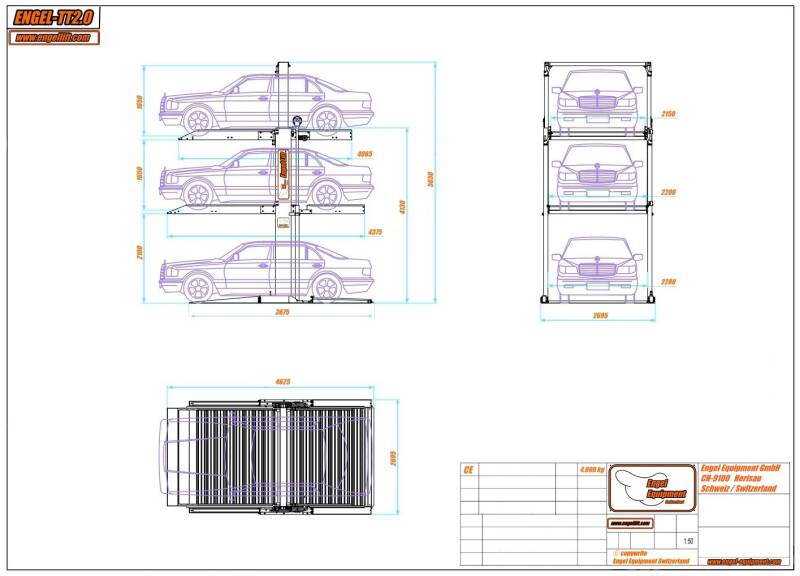 ENGEL-TT2.0;  2-SÄULEN PARKHEBEBÜHNE FÜR 3 FAHRZEUGEN , Zeichnung