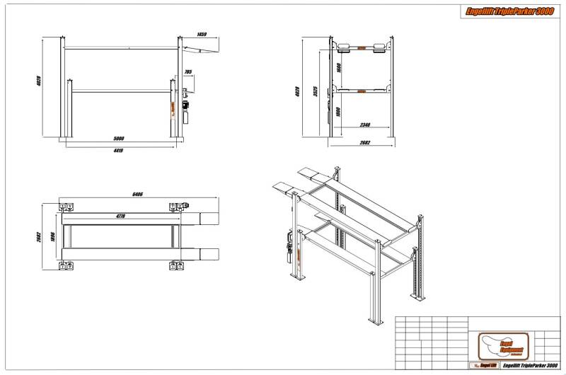 ENGEL-TRIPLEPARKER 3000;  4-SÄULEN TRIPLE PARKHEBEBÜHNE (2X 3.000KG.) -Zeichnung