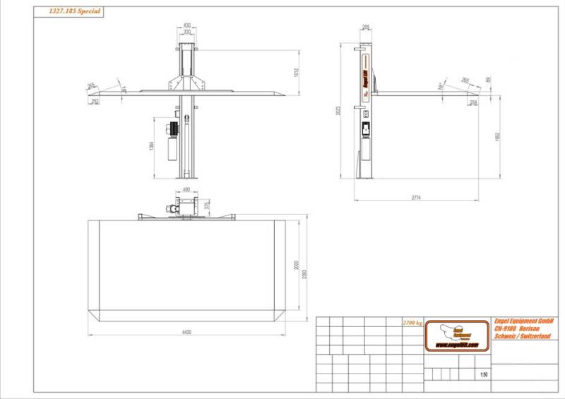 Engellift 1327.185;  SPEZIELLE 1-SÄULEN PARK HEBEBÜHNE / PARKLIFTE -WANDMONTAGE.  Zeichnung