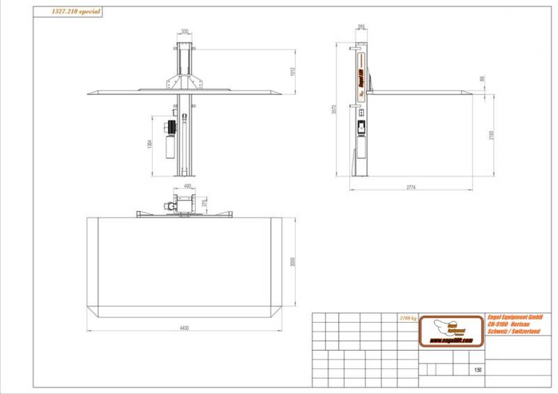 Engellift 1327.210;  SPEZIELLE 1-SÄULEN PARK HEBEBÜHNE / PARKLIFTE -WANDMONTAGE. , Zeichnung