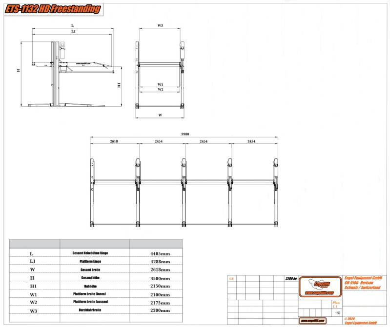 ENGELLIFT ETS-1132 FREESTANDING;  2-SÄULEN PARKHEBEBÜHNE OHNE BODENVERANKERUNG , Zeichnung