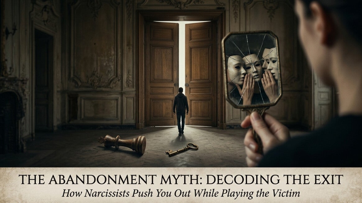 A dramatic split-screen visual depicting a person walking away through large opening doors, alongside a hand holding a cracked mirror revealing multiple masked faces, representing the underlying mechanics of narcissistic exit strategies and deception.
