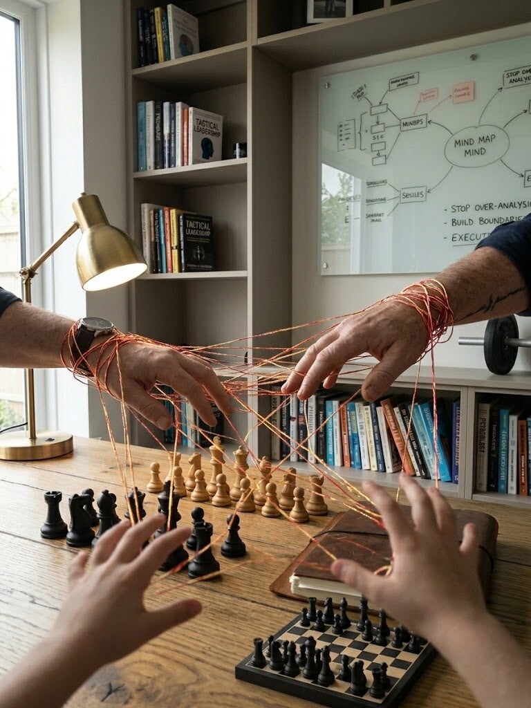 Trauma bond recovery graphic showing entangled hands over a chessboard in an office setting, representing pattern recognition and breaking free from relationship abuse loops at Help4Minds