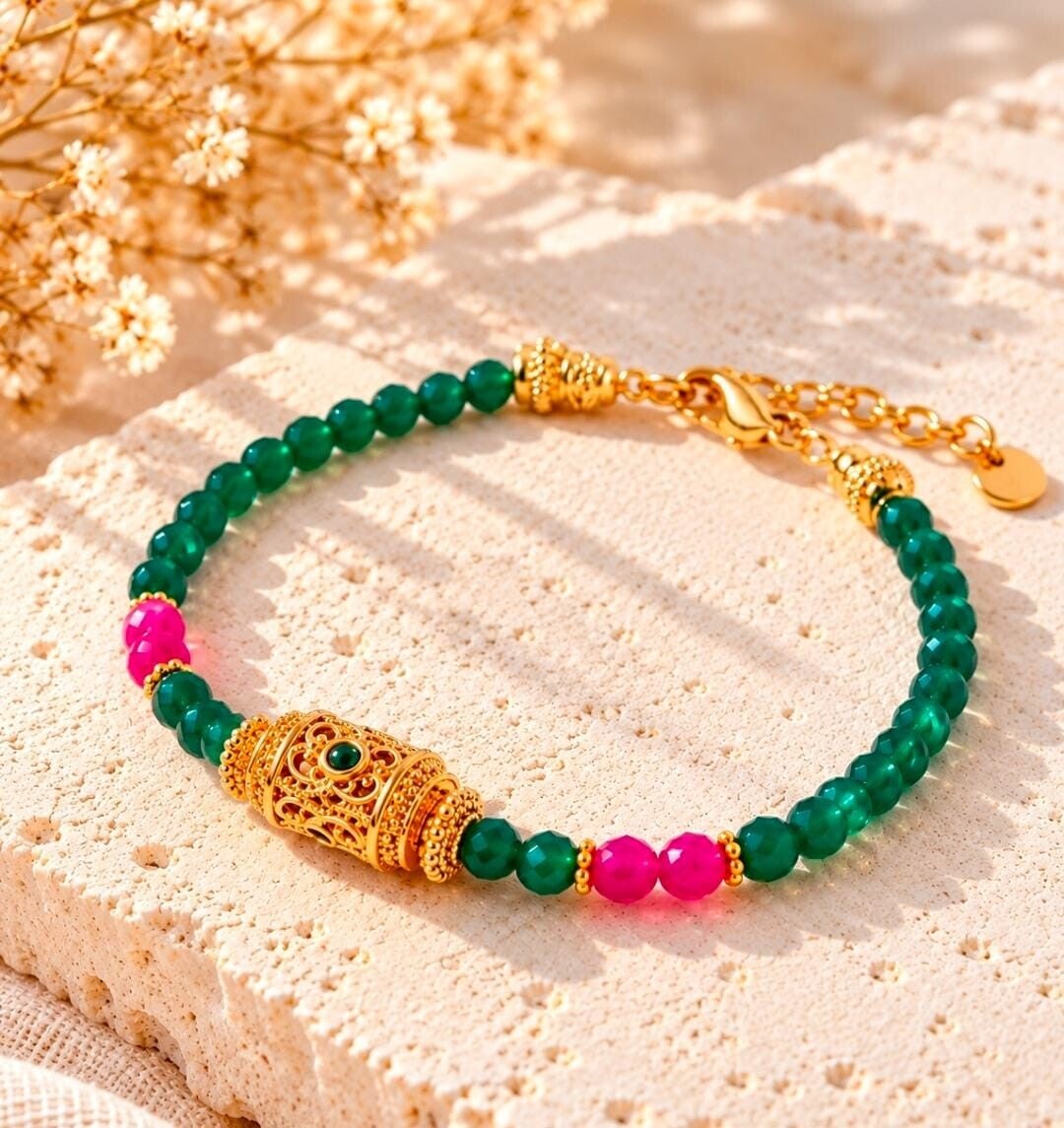 Bracelet Rani – Bracelet femme Agate vert et tourmaline rose