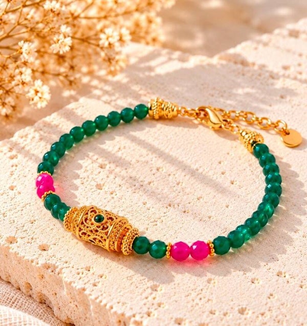 Bracelet Rani – Bracelet femme Agate vert et tourmaline rose