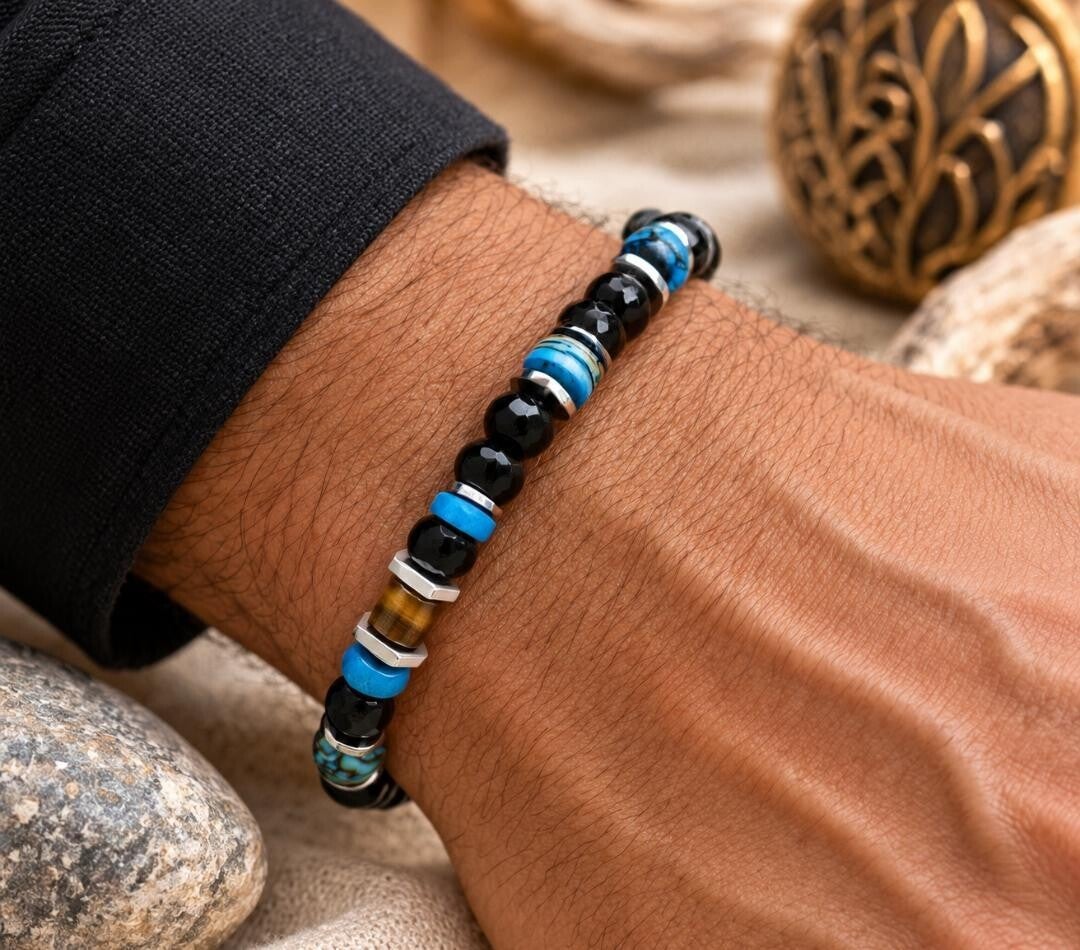 Bracelet homme Azur – Perles onyx coquillage | Collection Océan