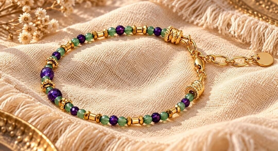 Bracelet Shalimar — Pierres naturelles vertes & violettes