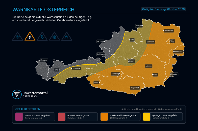 UNWETTER-VORWARNUNG für Dienstag, 09.06.2026