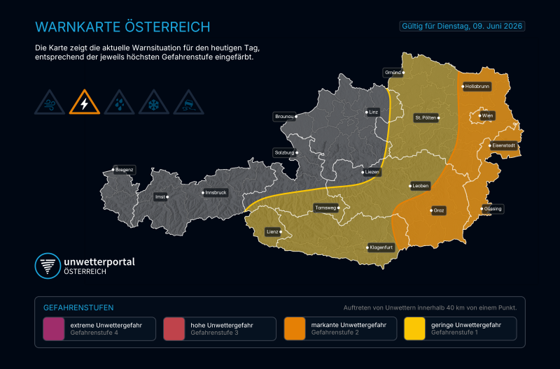 UNWETTER-VORWARNUNG für Dienstag, 09.06.2026
