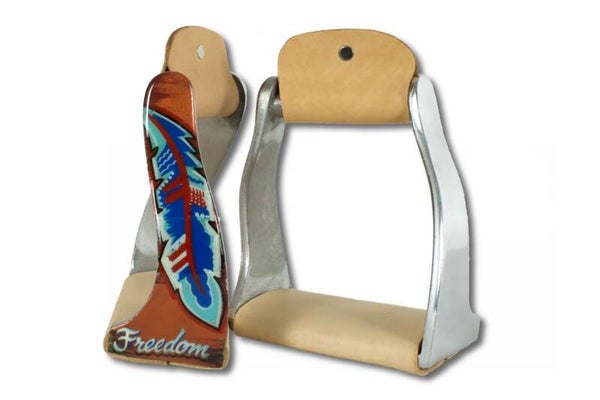 Gedrehte Westernsteigbügel Aluminium, Freedom, Feder Design ium, Follow your dreams