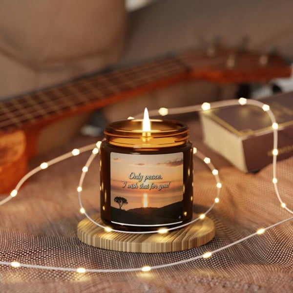 Peaceful Sunset Scented Soy Candle - Relaxation Gift in Amber Jar with the message: Only peace.  i wish that for you!