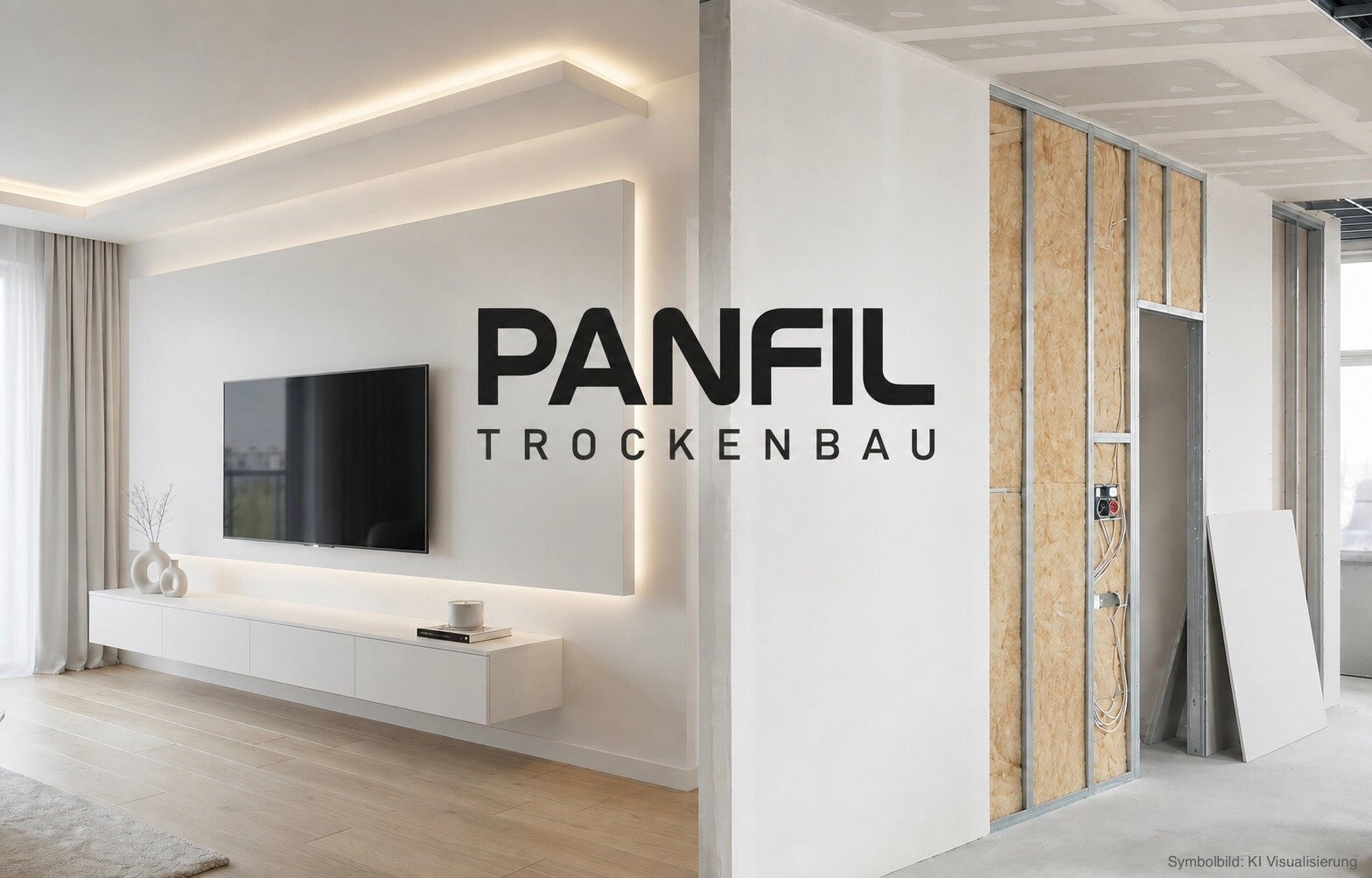 KI-generierte Visualisierung: Trockenbau-Projekt mit Vorher-Nachher-Vergleich. Links fertig gestalteter Trockenbau, rechts Rohbausituation im Neubau.