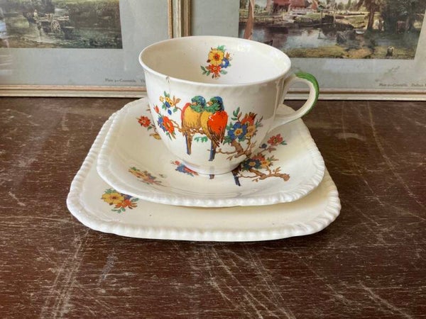 Art Deco Floral Parrot Design Trio, Tea Cup Saucer and Plate - Damaged