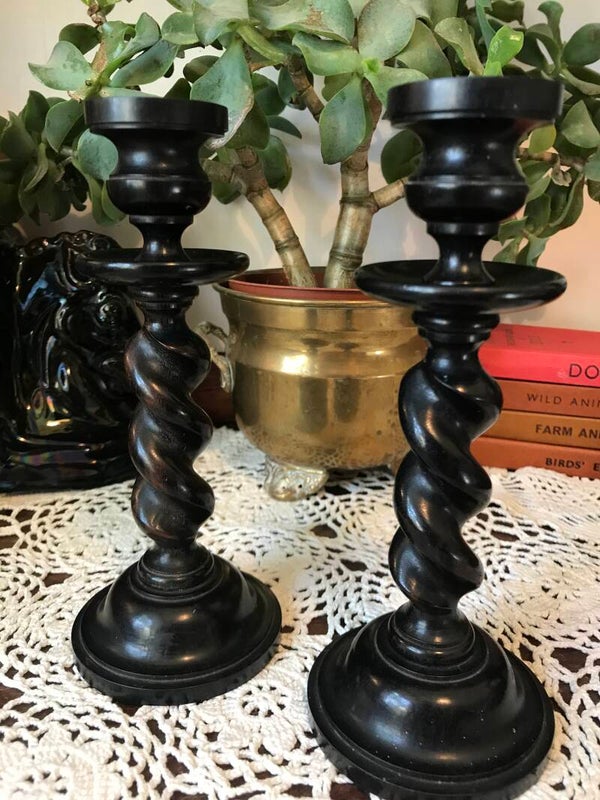 Pair Of Real Ebony Vintage Barley Twist Candlesticks