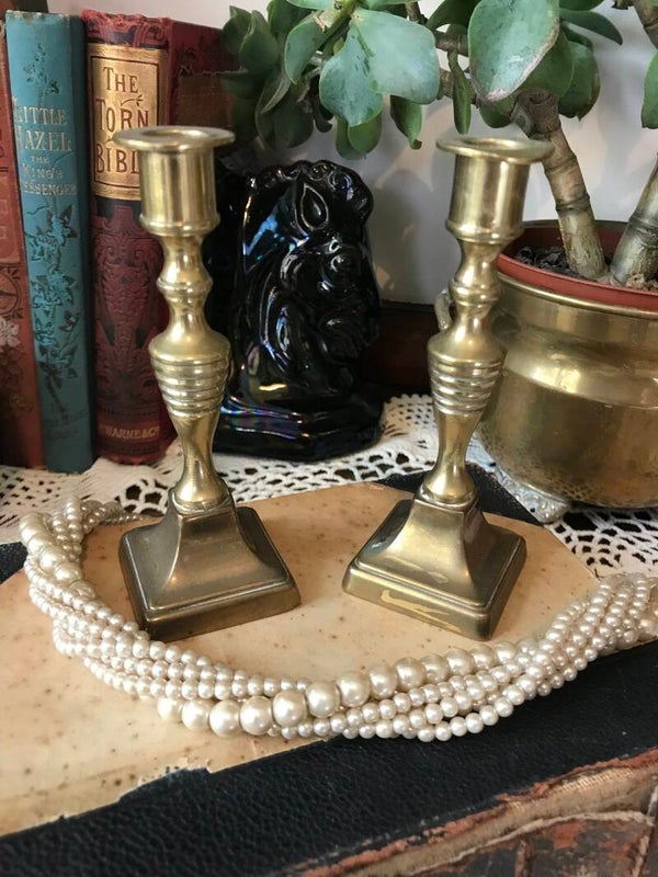 Pair Of Antique Brass Decorative Small Candlesticks