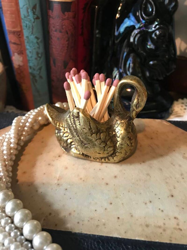 Vintage Solid Brass Swan Figurine Matchstick Holder