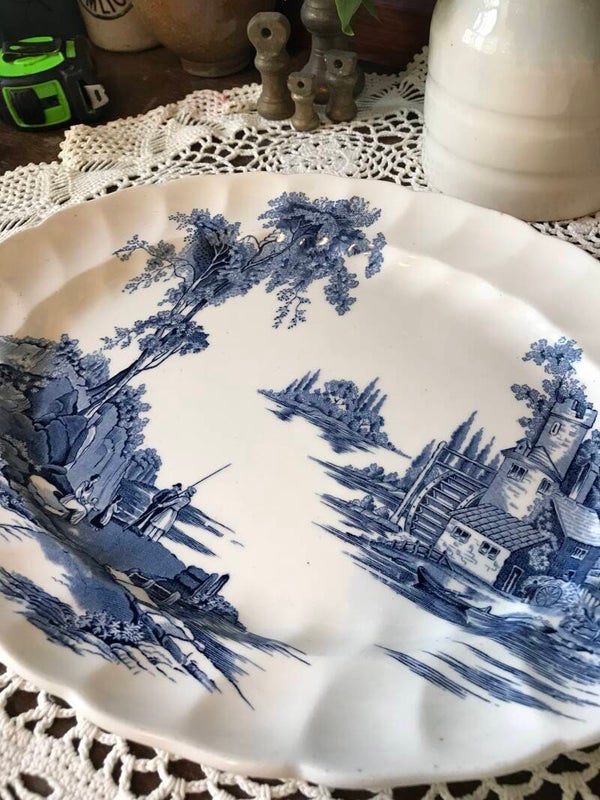 Blue & White Oval Serving Plate The Old Mill