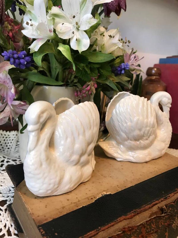 Delicate Pair of Porcelain Mini Swan Planters