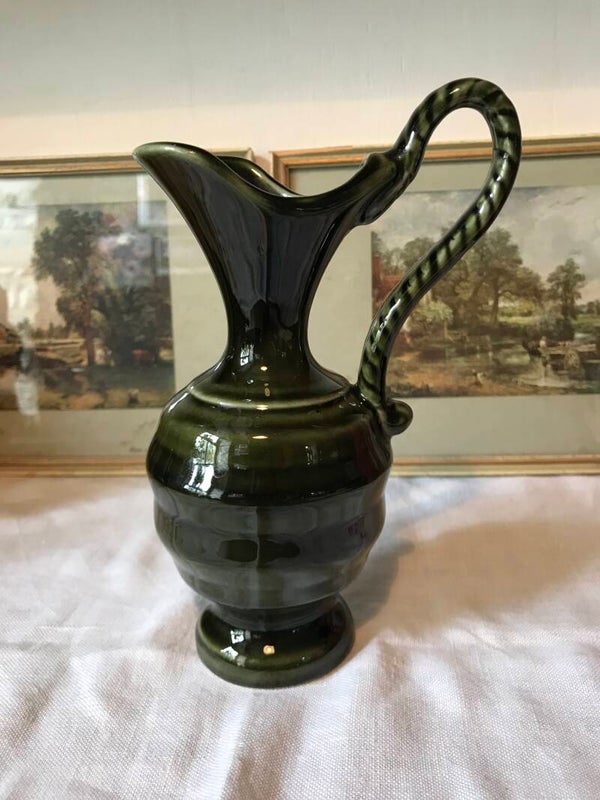 Stunning Green Vintage Jug Vase with Twisted Handle