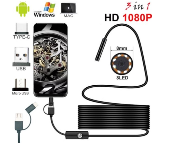 Xtabarya HD Camera 1200P 8mm 1M 2M 5M Semi-Rigide USB Endoscoop Type C Borescope Inspectie Camera voor Android Smartphone Windows