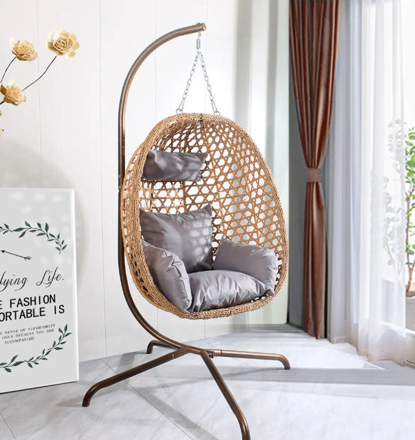 Toosterk XL Hangstoel met standaard opvouwbaar Dubbele Ring Balkon Binnenplaats egg hangstoel Voor Binnen en Buiten – Met Zitkussen Rugkussen en Nekkussen Zijkussen