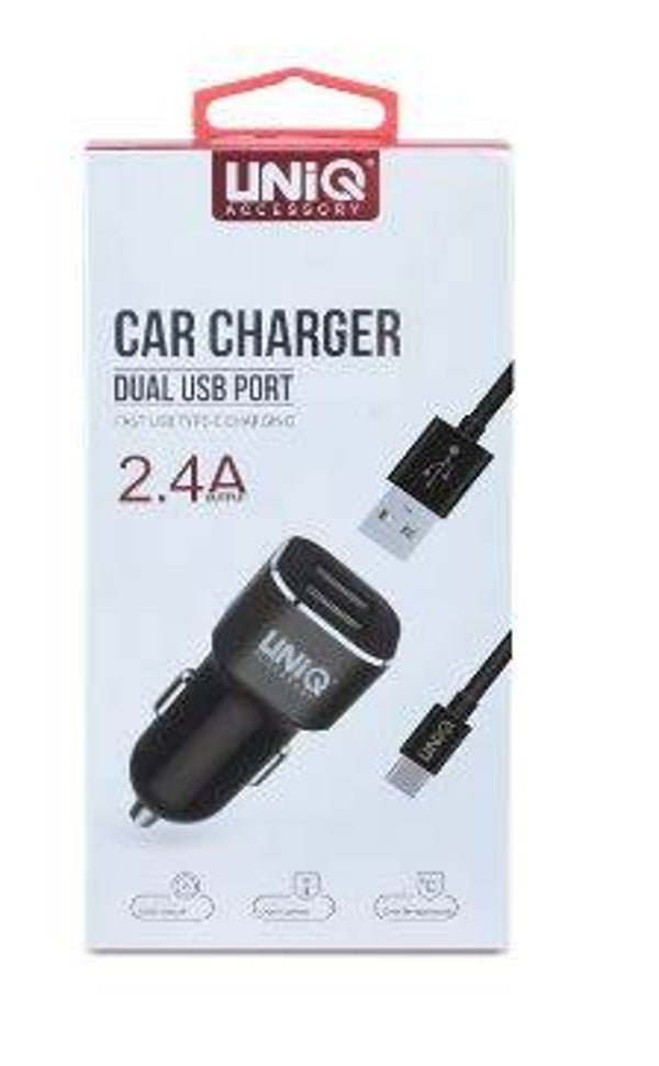 Autolader UNIQ Accesory Dual USB Type-C - Zwart Geschikt voor alle toestellen met type USB C Samsung S8 S8plus S9 9plus Note 8 Note 9