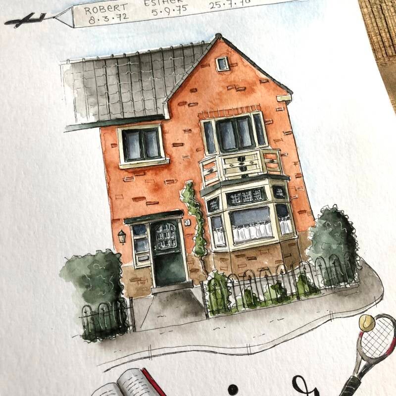 huisportret waterverf illustratie