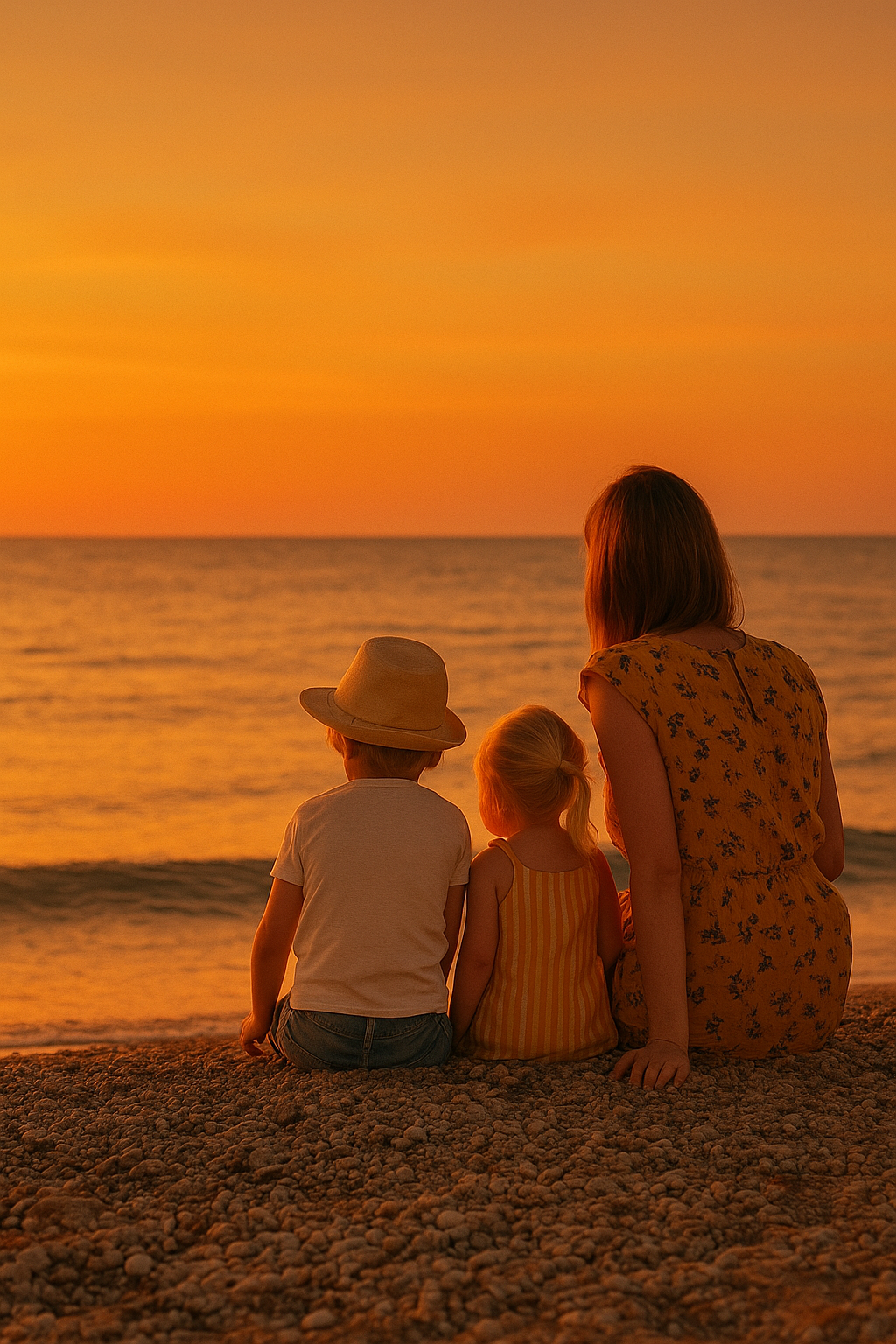 famiglia con mamma e bambini seduti sulla sabbia della spiaggia davanti al mare che guardano l'orizzonte