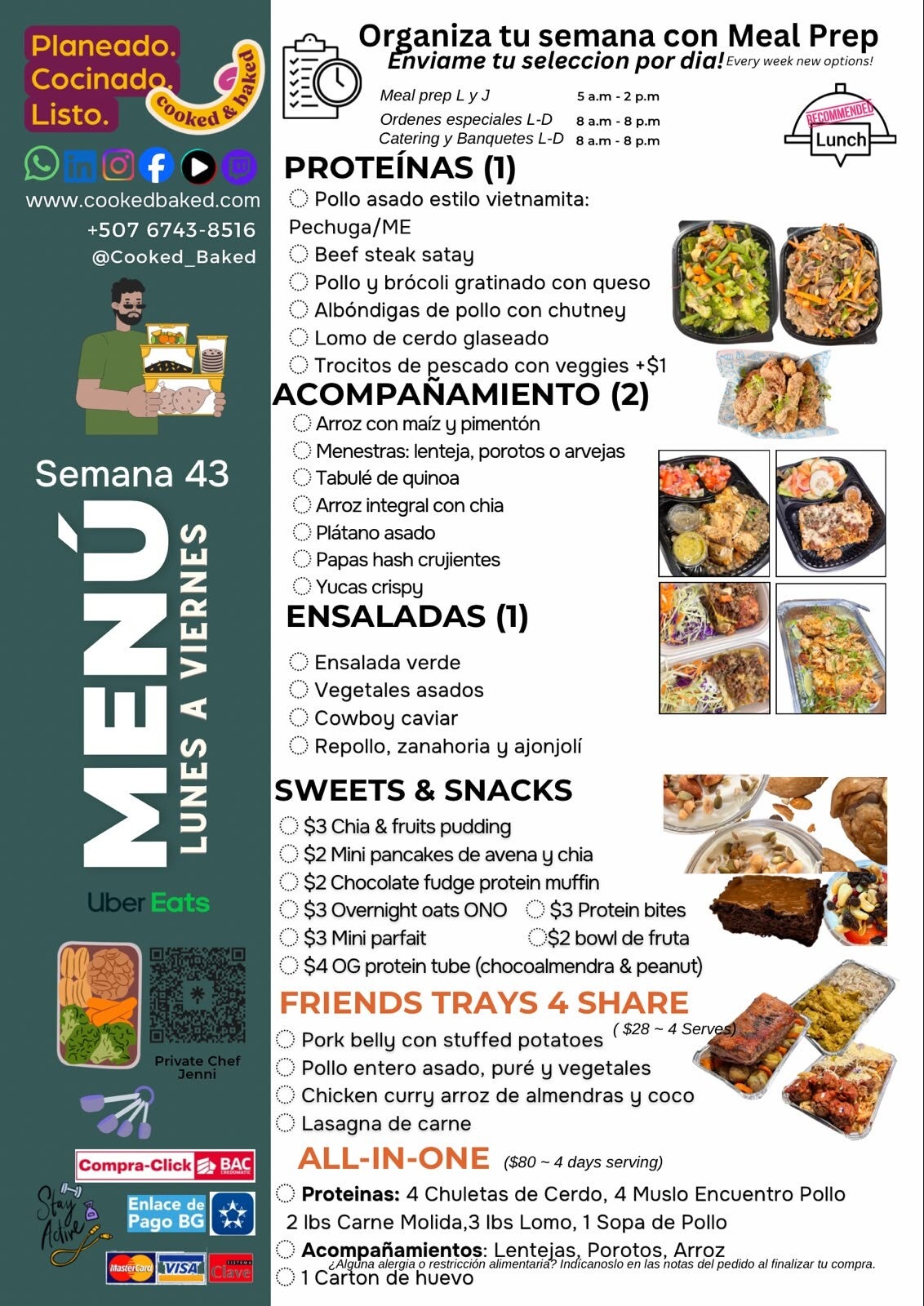 Menú semanal de meal prep de lunes a viernes de Cooked & Baked en Panamá: proteínas, acompañamientos, ensaladas y snacks
