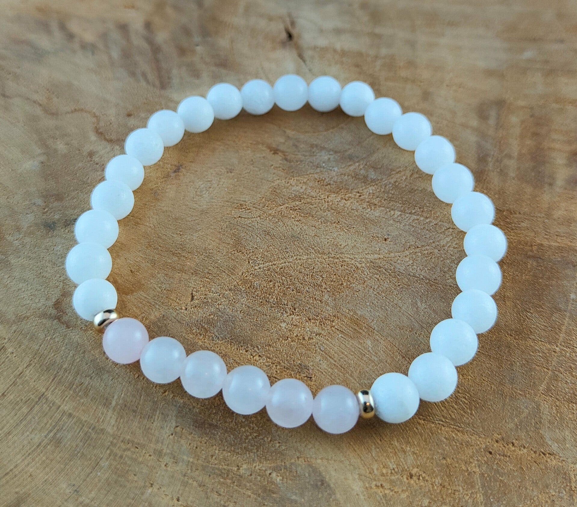 Witte Jade en Rozenkwarts Armband 6 mm met 14K/20 Gold spacers
