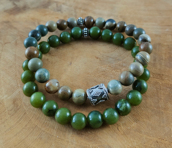 Set Silverleaf Jaspis en Groene Jade 8mm Armbanden met hand bewerkte 925 zilveren kraal