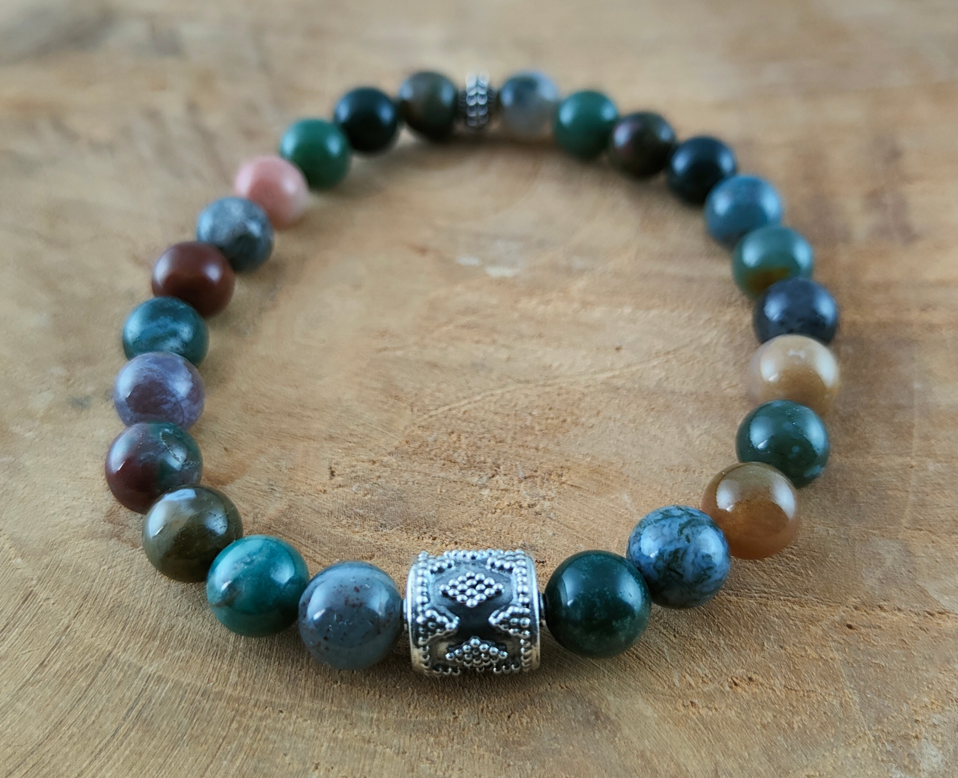 Indian Agaat 8mm Armband met hand bewerkte 925 zilveren kraal
