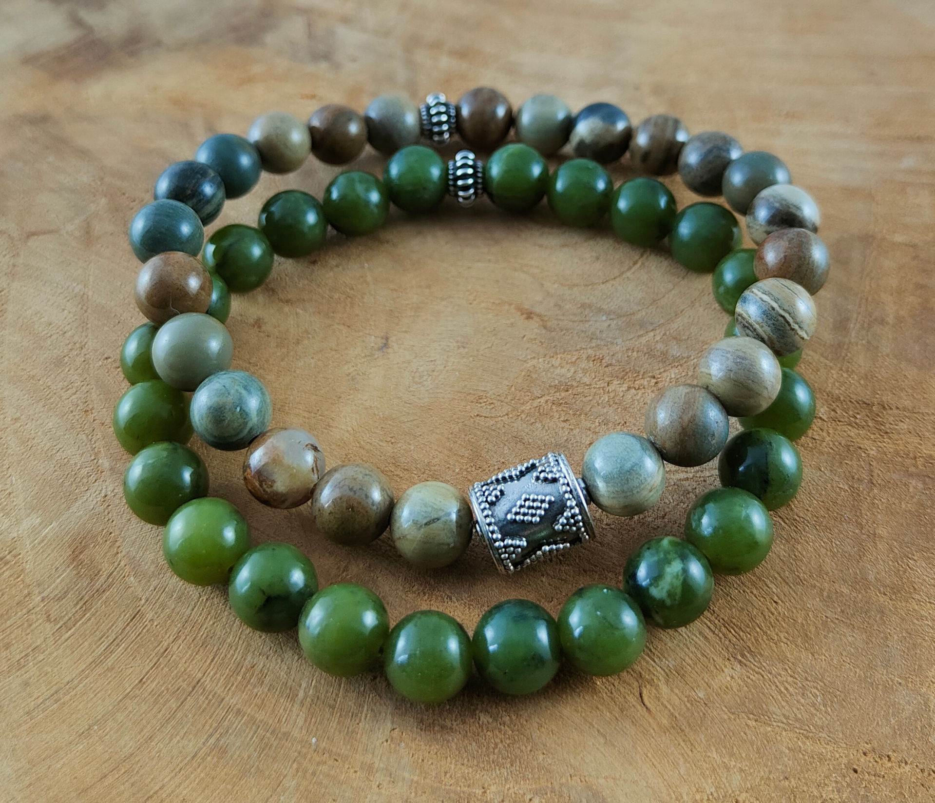 Set Silverleaf Jaspis en Groene Jade 8mm Armbanden met hand bewerkte 925 zilveren kraal