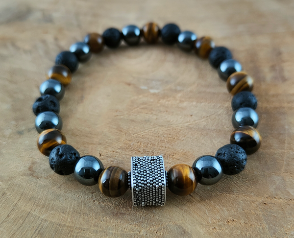 Tijgeroog, Lavasteen en Hematiet 8mm Armband met hand bewerkte 925 zilveren kraal