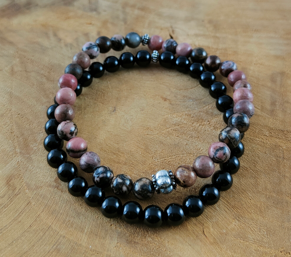 Set Rhodoniet en Zwarte Onyx Armbanden 6 mm met een hand bewerkte echt 925 zilveren kraal