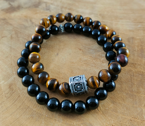 Set Geel Bruine Tijgeroog en Zwarte Onyx 8mm Armbanden met hand bewerkte 925 zilveren kraal