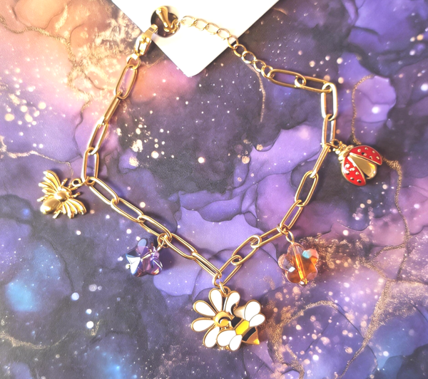 Bracelet à maillons et breloques en acier inoxydable doré – Fleur & porte-bonheur