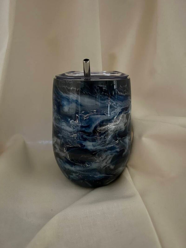 Blue and Silver Alcohol Ink Wine Tumbler