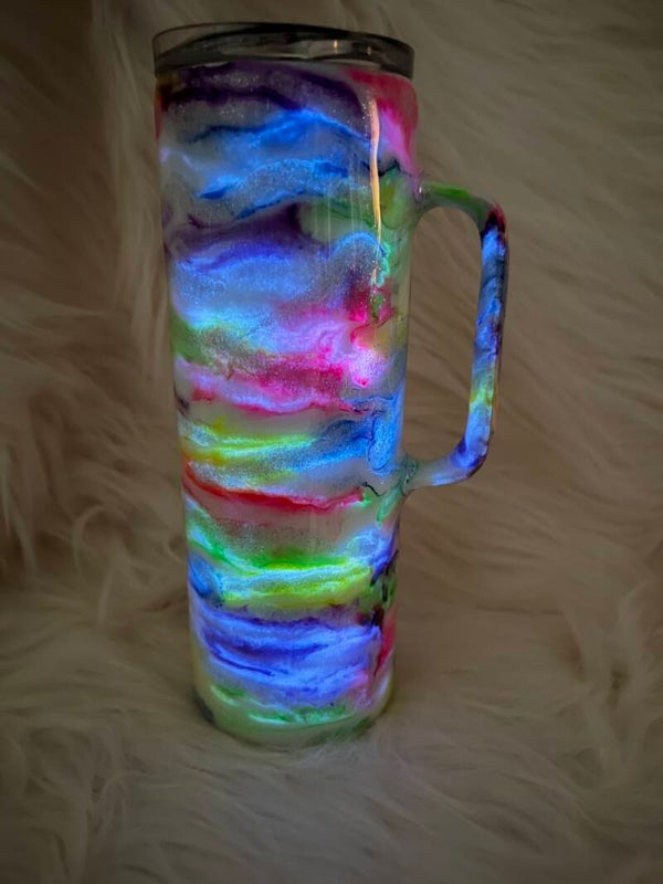 20oz Skinny w/handle neon swirls with glow and glitter