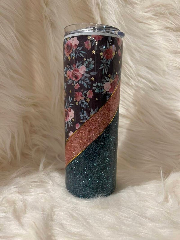 20oz Skinny Straight Floral and Glitter V-Split