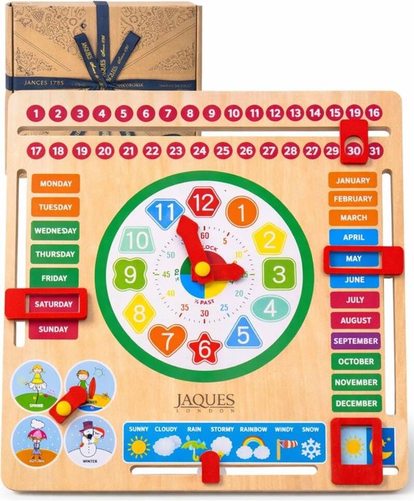 Jaques of London Learning Kids Calendar Clock | Wooden Educational Toys for 3 Year olds with Weather for Preschool Children - Learn to Tell the Time - Days and Months - Since 1795 - wooden clock- learning about telling the time