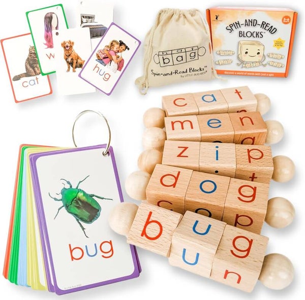 LITTLE BUD KIDS Spin-and-Read Phonics Toy, Rotating Wooden Reading Blocks with CVC Flashcards, A Montessori Reading Learning Resources Toy for 3-5 years old