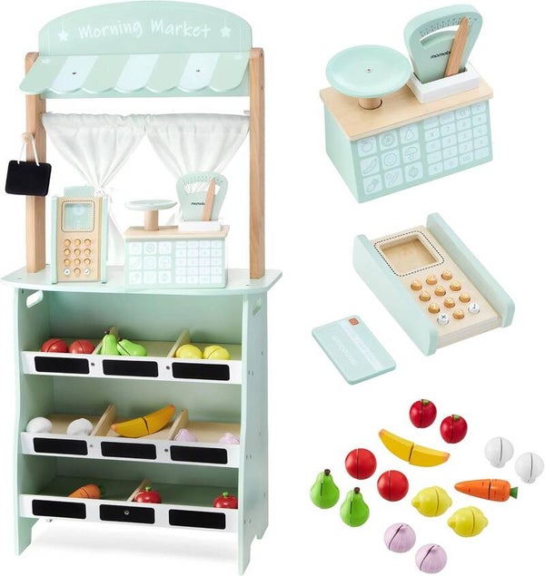 Pretend Shop for Kids, Large Wooden Market Stall 97 x 48 x 23.5 cm, Reversible Shop and Theatre 2 in 1,Grocery Store Playset Included Scale, Payment Terminal,16 Pieces of Fruit and Vegetables