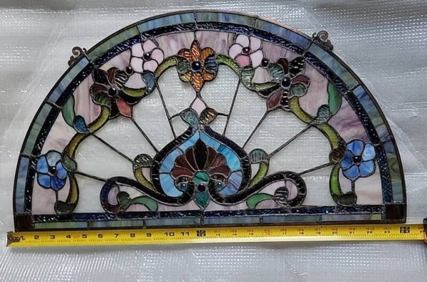Stained Glass Half-Round Window Panel - Multicolor Floral Design - Brand New