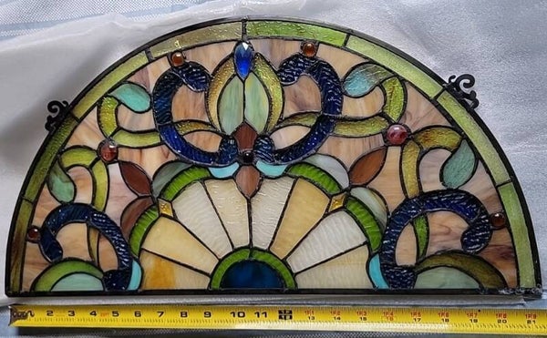Handcrafted Stained Glass Semi-Circle Wall Art - Green, Blue, Cream - Brand New