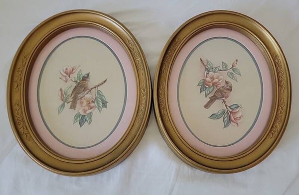 Vintage Bird Floral Oval Wall Art Pair - Pink & Gold - Pre-owned